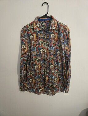 Visconti Black Shirt Mens Large Paisley Multicolor Button Down Flip Cuff